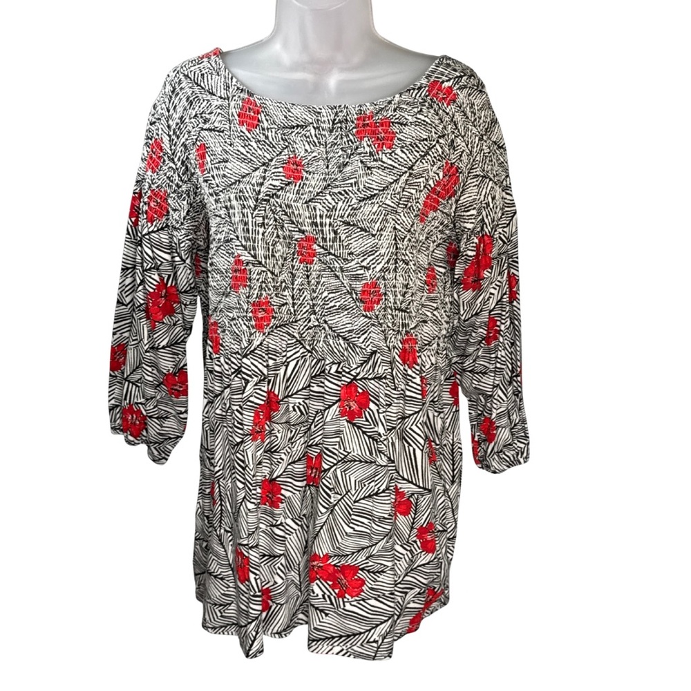 J. Jill Black & White Smocked Peplum Top With Red Flowers